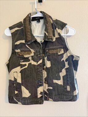 17. Forever 21 Camouflage Studded Denim Vest - Green, Tan, Black
